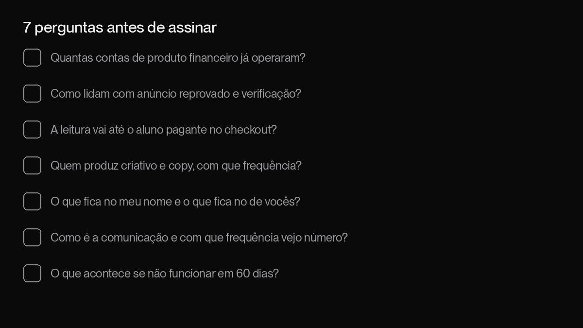 Checklist animado com as 7 perguntas sendo marcadas uma a uma